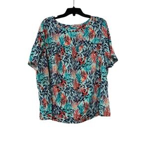 Denim&Co Floral Short Sleeve Top in Teal, Coral, Navy, and Cream